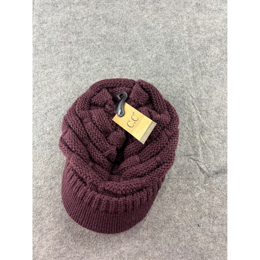 CC Exclusives Berry Purple Knit Beanie‎ Hat with Brim Ponytail Messy Bun YJ-2023